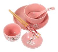 TOPBATHY Japanese Ceramic Tableware Set Pink 6-Piece Household Dinnerware Kit Including Bowl Plate Cup Spoon Chopsticks 7.28 Inch Square Design Stackable Kitchen Tableware