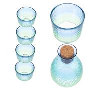 TOPBATHY Japanese Glass Sake Bottle Set Peacock Blue 1 Carafe 4 Cups Hammered Texture Traditional Sake Drinking Set for Home Dining and Restaurant Use in Box