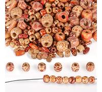 TOPBELIEF 300 Pieces Natural Printed Wooden Beads, 7 Sizes Macrame Large Hole Various Shapes Loose Craft Beads with Holes, Spacer Wood for Jewellery DIY Necklace Bracelet Beadings, (YYB0420G200UK)