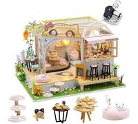 TOPBSFARNY Cat Cafe Wooden Miniature Dollhouse Kit DIY Pet Cat Coffee Shop Building Model Accessories with Furniture LED Light Music Box Birthday (Include dust Cover)
