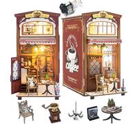 TOPBSFARNY DIY Book Nook Kit, Cafe Mini 3D Architectural Model Wooden Snap Fit Book Stand with Furniture and LED Lights, Miniature Dollhouse Kits for Adults