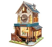 TOPBSFARNY DIY Wooden Coffee Shop Book Nook Kit with LED Light, Three-Speed Adjustment Miniature Dollhouse, Bookshelf Desktop Decor Model Building Set