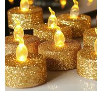 Topchances 12 Pcs Glitter Flameless Tea Lights Candles, Warm White Lamp Tea Lights Battery LED Light, Electric Fake Candles for Wedding Celebrations Party Gifts & Festival Celebration (Golden)