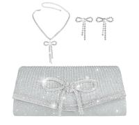 Topchances Clutch Bags for Women, Luxury Diamante Bow Silver Clutch Bag, Detachable Chain Silver Bag for Weddings and Parties