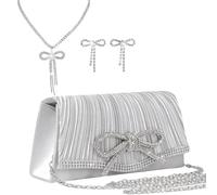 Topchances Silver Clutch Bag, Luxury Diamante Bow Clutch Bags for Women, Detachable Chain Silver Bag for Weddings and Parties