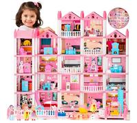 Topchild Big Dream Doll House for Girls with 5 Stories 22 Rooms, Dolls, Mat, LED Light, Furnitures, Puppie, Accessories Toddler Dollhouse Gift for 3 4 5 6 7 8 9 10 Year Old Girls Toys