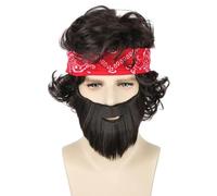 Topcosplay 3Pcs Mens Wig Set Short Brown Wig with Beard Headband 70s Disco Style Fancy Dress Wigs (Darkbrown)