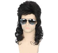 Topcosplay Men's Mullet Wig, Long Black Curly Wig, 80s Mullet Punk Popstar Rocker Wig for Carnival, Halloween