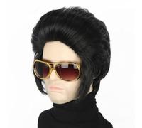 Topcosplay Men's Short Black Rockstar Greaser Wig with Glasses - 50's Costume Fancy Dress