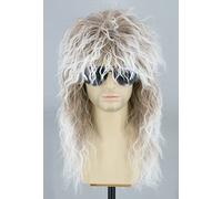 Topcosplay Mens Wigs 80s Mullet Wig Black Curly Male Halloween Costumes Punk Rocker Wig Long (Brown mixed white)