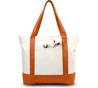 TOPDesign 6-Pack Canvas Tote Bags with an External Pocket, Reusable Grocery Shopping Bags, Top Zipper Closure, Daily Essentials (Orange/Natural)