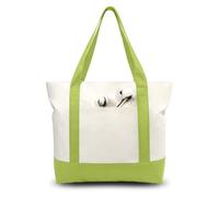 TOPDesign 6-Pack Canvas Tote Bags with an External Pocket, Reusable Grocery Shopping Bags, Top Zipper Closure, Daily Essentials (Light Green/Natural)