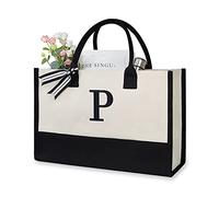 TOPDesign Embroidery Initial Canvas Tote Bag, Personalized Present Bag, Suitable for Wedding, Birthday, Beach, Holiday, is a Great Gift for Women, Mom, Teachers, Friends, Bridesmaids (Letter P)