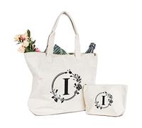 TOPDesign Initial Canvas Tote Bag, Personalized Present Bag, Suitable for Wedding, Birthday, Beach, Holiday, is a Great Gift for Women, Mom, Teachers, Friends, Bridesmaids (Letter I)