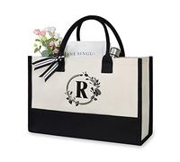TOPDesign Initial Canvas Tote Bag, Personalized Present Bag, Suitable for Wedding, Birthday, Beach, Holiday, is a Great Gift for Women, Mom, Teachers, Friends, Bridesmaids (Letter R)