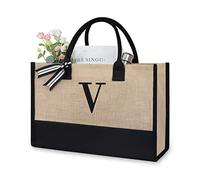 TOPDesign Initial Jute/Canvas Tote Bag, Personalized Present Bag, Suitable for Wedding, Birthday, Beach, Holiday, is a Great Gift for Women, Mom, Teachers, Friends, Bridesmaids (Letter V)