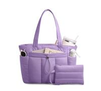 TOPDesign Puffy Tote Bag for Women with Cup Holder & Laptop Compartment & Cosmetic Bag & Trolley Sleeve for Work, Travel, Light Purple, M, Casual