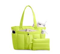TOPDesign Puffy Tote Bag for Women with Cup Holder & Laptop Compartment & Cosmetic Bag & Trolley Sleeve for Work, Travel, Light Green, M, Casual