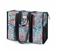TOPDesign Utility Water Resistant Tote Bag with 13 Exterior & Interior Pockets, Top Zipper Closure & Thick Bottom Support, for Working Women, Teachers, Nurses, Accountants (Green Bandanna, Large)