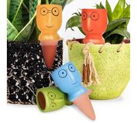TopDirect Terracotta Watering Spikes 4 Pack, Cute Plant Self Watering Devices for Vacation, Slow System for Indoor Plants, Easy Planter Insert (Big Head with The Glasses)