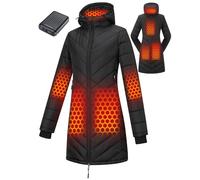 Topdot Heated Jacket Womens With Power Bank 12v 18400 mAh,8 Zones Heated Jacket With 3 Heating Levels Ergonomic Heating System, Smart Temp Control Warm Long Jacket For Ladies Outdoor,Black,XS