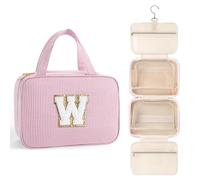 TOPEAST Hanging Toiletry Bag for Women - Travel Toiletry Bag Makeup Bag, Portable Toiletries Cosmetic Bag, Airplane Travel Essentials - Letter W, Pink