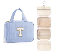 TOPEAST Hanging Toiletry Bag for Women - Travel Toiletry Bag Makeup Bag, Portable Toiletries Cosmetic Bag, Airplane Travel Essentials - Letter T, Blue