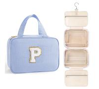 TOPEAST Hanging Toiletry Bag for Women - Travel Toiletry Bag Makeup Bag, Portable Toiletries Cosmetic Bag, Airplane Travel Essentials - Letter P, Blue