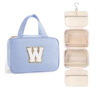 TOPEAST Hanging Toiletry Bag for Women - Travel Toiletry Bag Makeup Bag, Portable Toiletries Cosmetic Bag, Airplane Travel Essentials - Letter W, Blue