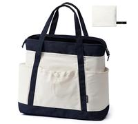 TOPEAST Large Canvas Tote Bag, Foldable & Reusable Grocery Shopping Bags with Zipper, Multi-Pocket for Daily Essentials Work, Beige-blue, L