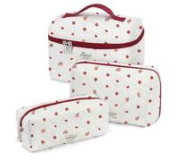 TOPEAST Makeup Bag for Women Girl, 3Pcs Large Cotton Travel Make up Bags, Portable Cosmetic Brush Purse, Lightweight Toiletry Pouch, Strawberry