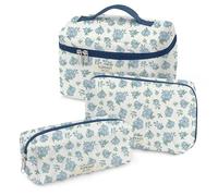 TOPEAST Makeup Bag for Women Girl, 3Pcs Large Cotton Travel Make up Bags, Portable Cosmetic Brush Purse, Lightweight Toiletry Pouch, A-Blue Floral
