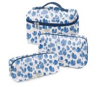 TOPEAST Makeup Bag for Women Girl, 3Pcs Large Cotton Travel Make up Bags, Portable Cosmetic Brush Purse, Lightweight Toiletry Pouch, B-Blue Floral