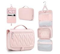 TOPEAST Quilted Travel Toiletry Bag for Women,Detachable Hanging Makeup Bag | Portable Toiletry Bag Organizer for Travel Essentials, Accessories, Brushes, Waterproof Makeup Bag with Clear Pocket, Pink