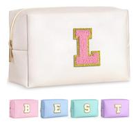 TOPEAST Travel Makeup Bag for Women - Preppy Cosmetic Bag, Personalized Initial Makeup Pouch | Leather Waterproof Travel Toiletry Bag | Birthday Travel Gifts for Women, Pearly White-Pink, L