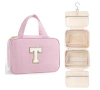 TOPEAST Travel Toiletry Bag for Women - Hanging Toiletry Bag with Initial | Large Capacity Personalized Travel Makeup Bag, Pink, T