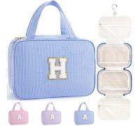 TOPEAST Travel Toiletry Bag for Women - Hanging Toiletry Bag with Initial | Large Capacity Personalized Travel Makeup Bag, Blue, H