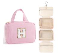 TOPEAST Travel Toiletry Bag for Women - Hanging Toiletry Bag with Initial | Large Capacity Personalized Travel Makeup Bag, Pink, H