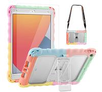 TopEsct Kids Case for iPad 9th/8th/7th Generation 10.2, Case with Portable Shoulder Strap, PET Screen Protector & Shockproof Silicone, Rainbow