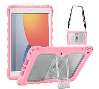 TopEsct Kids Case for iPad 9th/8th/7th Generation 10.2, Case with Portable Shoulder Strap, PET Screen Protector & Shockproof Silicone, Pink