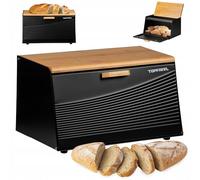 Topfann Bread Bin Bread Basket Bamboo Large Bread Container Black Metal