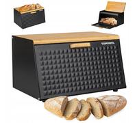 Topfann Bread Bin Bread Basket Bamboo Large Bread Container Black Metal