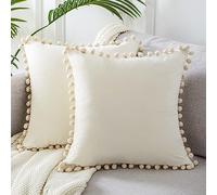 Topfinel Cream Cushion Cover for Bedroom Boho PomPoms Velvet cushion covers 16 x 16 inches for Sofa Livingroom fluffy Pillowcases Square Decoration Cushions Pack of 2