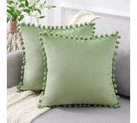 Topfinel Cushion Covers 40x40,Boho Cushion Covers 16 x 16 inches,Sage Green Velvet Pom Pom Spring Soft Cushion Cover with Invisible Zip for Sofa Chair Living Room,Pack of 2
