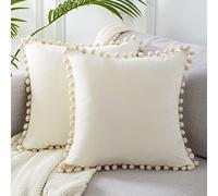 Topfinel Cushion Covers 45x45,Boho Cushion Covers 18 x 18 inches,Cream Velvet Pom Pom Spring Soft Cushion Cover with Invisible Zip for Sofa Chair Living Room,Pack of 2