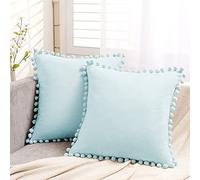 Topfinel Cushion Covers 45x45,Boho Cushion Covers 18 x 18 inches, Duck Egg Outdoor Velvet Pom Pom Soft Cushion Cover Blue with Invisible Zip for Sofa Chair Living Room,Pack of 2…
