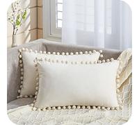 Topfinel Cushion Covers,Boho Rectangle Outdoor Cushion Covers 12x20,Cream Velvet Pom Pom Soft 30x50 Cushion Cover with Invisible Zip for Sofa Chair Living Room,Pack of 2…
