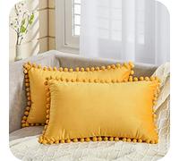 Topfinel Cushion Covers,Christmas Design Yellow Rectangle Outdoor Cushion Covers 12x20,Boho Mustard Velvet Pom Pom Soft Cushion Cover 30x50 with Invisible Zip for Sofa Chair Living Room,Pack of 2…