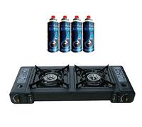 Topflame Portable Gas Stove - Dual Burner Double Hob Camping Cooker + 4 Butane Gas Refills