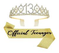 Topfunyy 13th Birthday Tiara and Sash Set - Teenager Sash Gold Crystal Crown Gift for Girls 13th Birthday Party Supplies